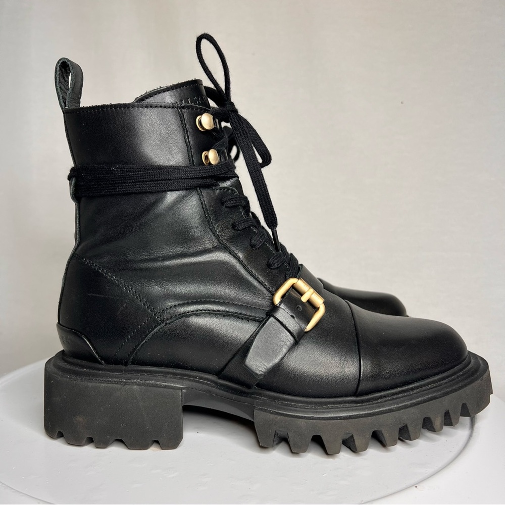 AllSaints Tori Women’s Gold Black Leather Ankle Combat Cap Toe Boots Sz 7 EUC